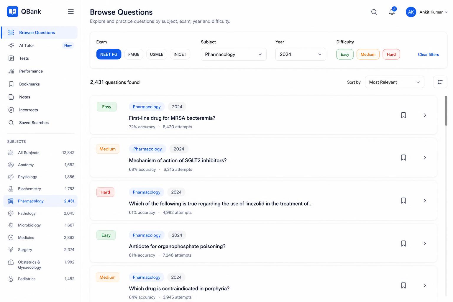 Browse Questions view with exam, subject, year, and Easy/Medium/Hard difficulty filters