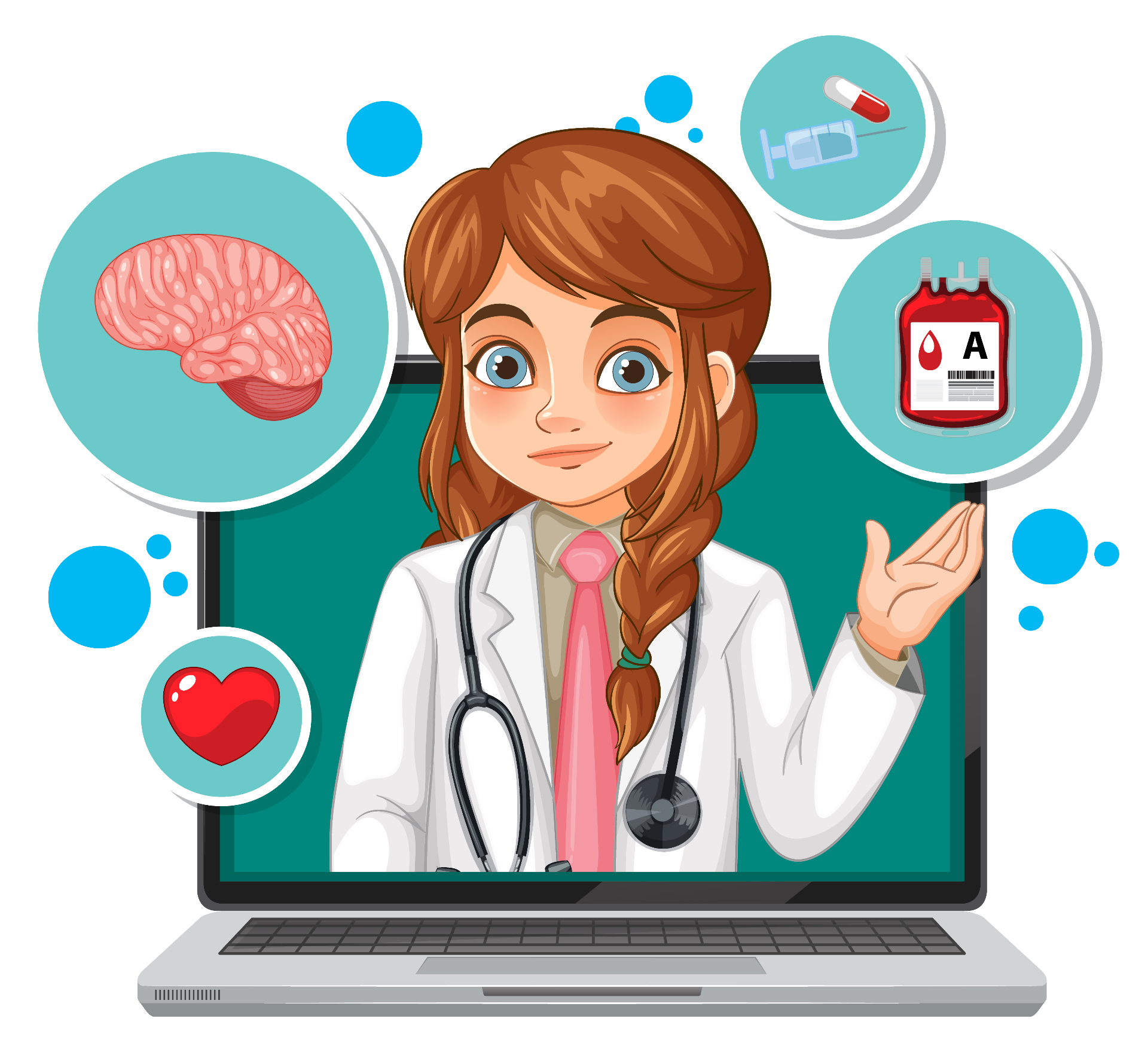 Friendly female doctor illustration with medical icons